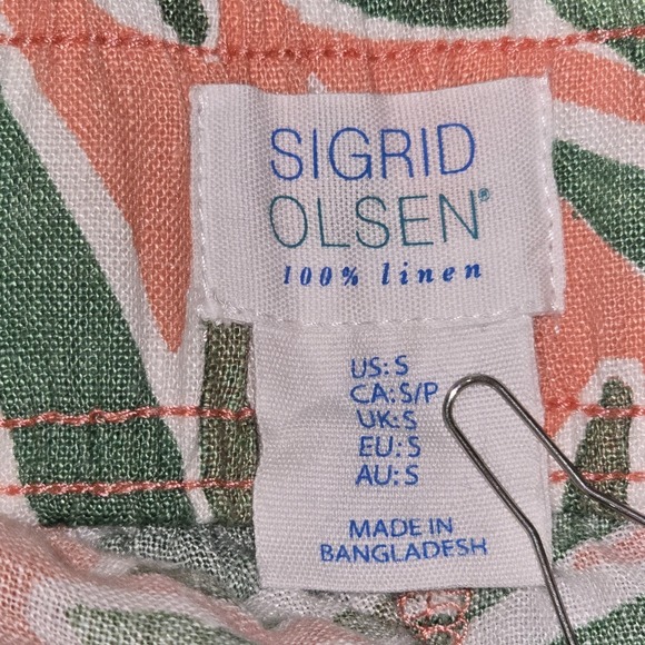 Sigrid Olsen Green Coral Tropical Linen‎ Pants Wide Leg Elastic Waist Size Small - Picture 10 of 16